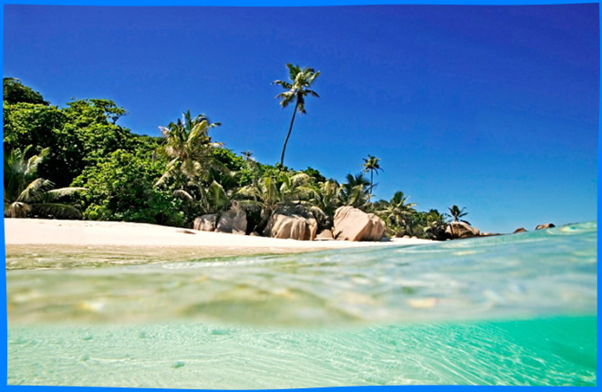 красивый пляж солнце пальмы море остров Кузин морской парк Сейшелы